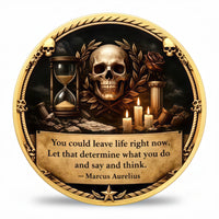Memento Mori skull and candles collectible coin token with Marcus Aurelius Meditations quote stoic gothic design
