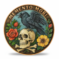 Memento Mori gothic collectible coin featuring raven perched on skull with roses and crossbones available at One More Coin store

