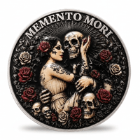 A round silver-toned commemorative coin featuring a Day of the Dead theme with the text 'MEMENTO MORI' at the top. The design depicts a woman embracing a skeleton, surrounded by skulls, red roses, and dark roses on a black background. Available at one more coin store.