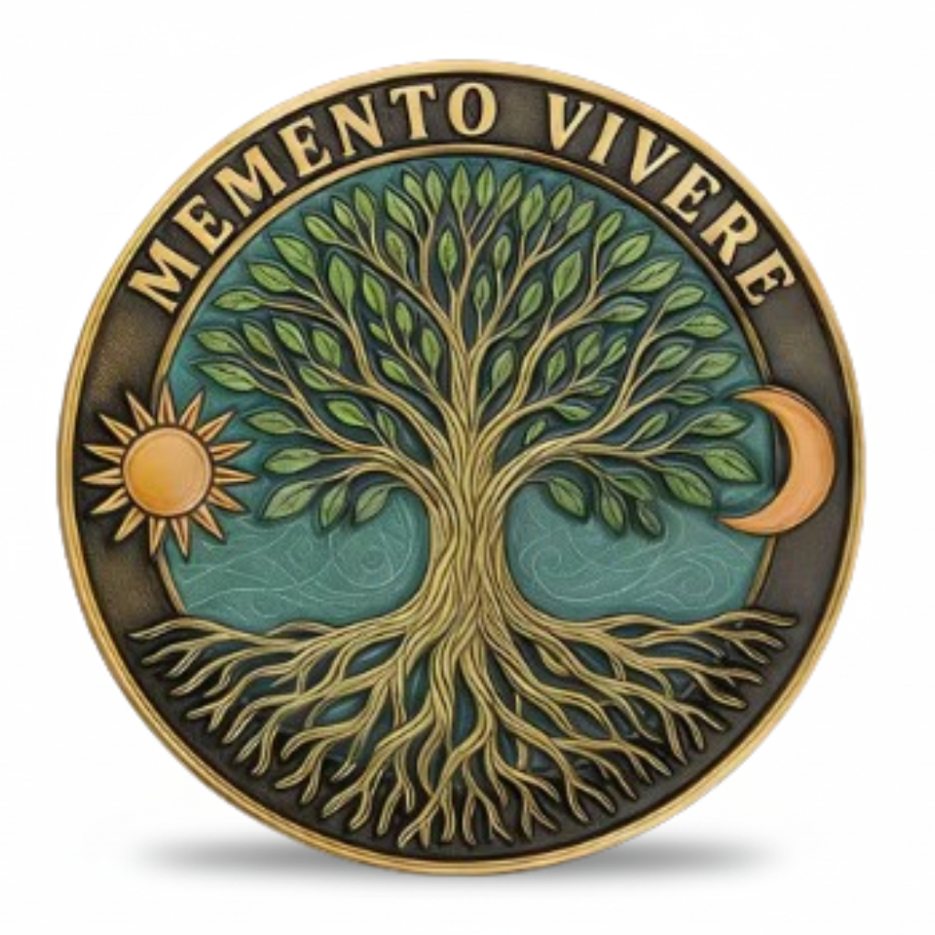 Memento Vivere Tree of Life collectible coin token with sun and crescent moon gothic stoic design
