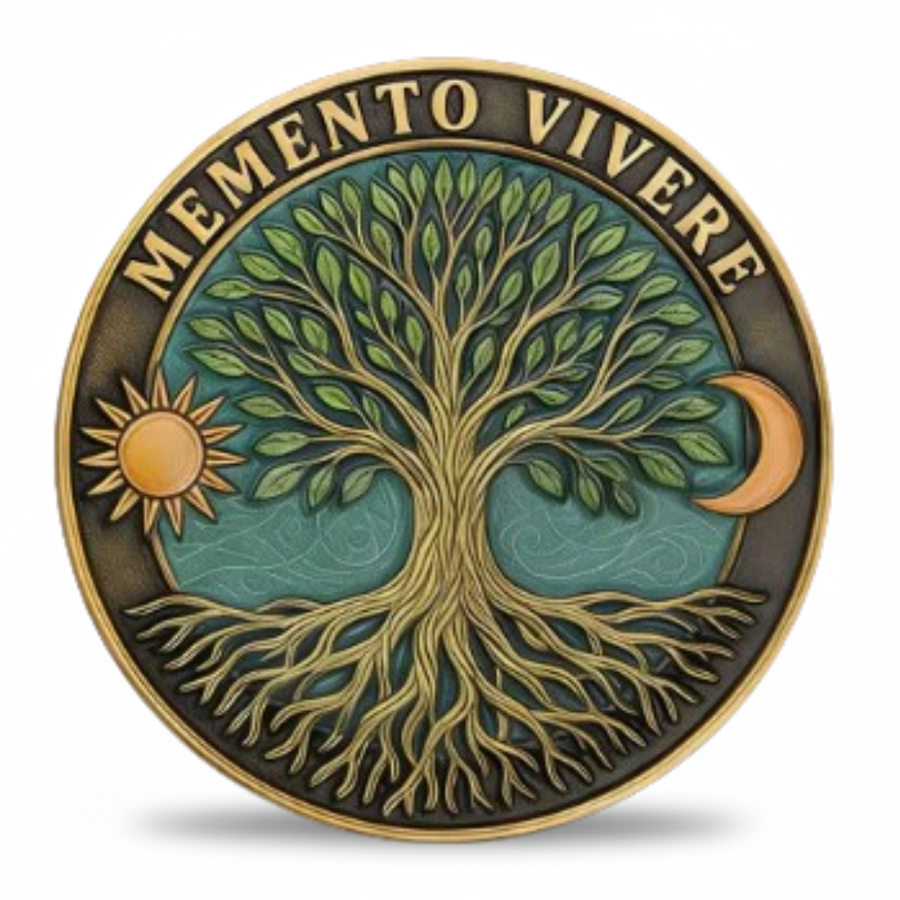Memento Vivere Tree of Life collectible coin token with sun and crescent moon gothic stoic design
