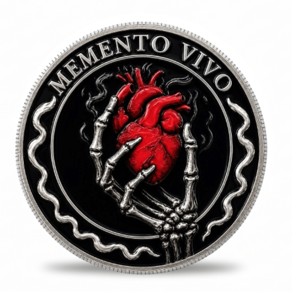 A round commemorative coin featuring a red anatomical heart held by skeletal hands on a black background, with the text 'MEMENTO VIVO' around the edge and a silver-toned outer border.
