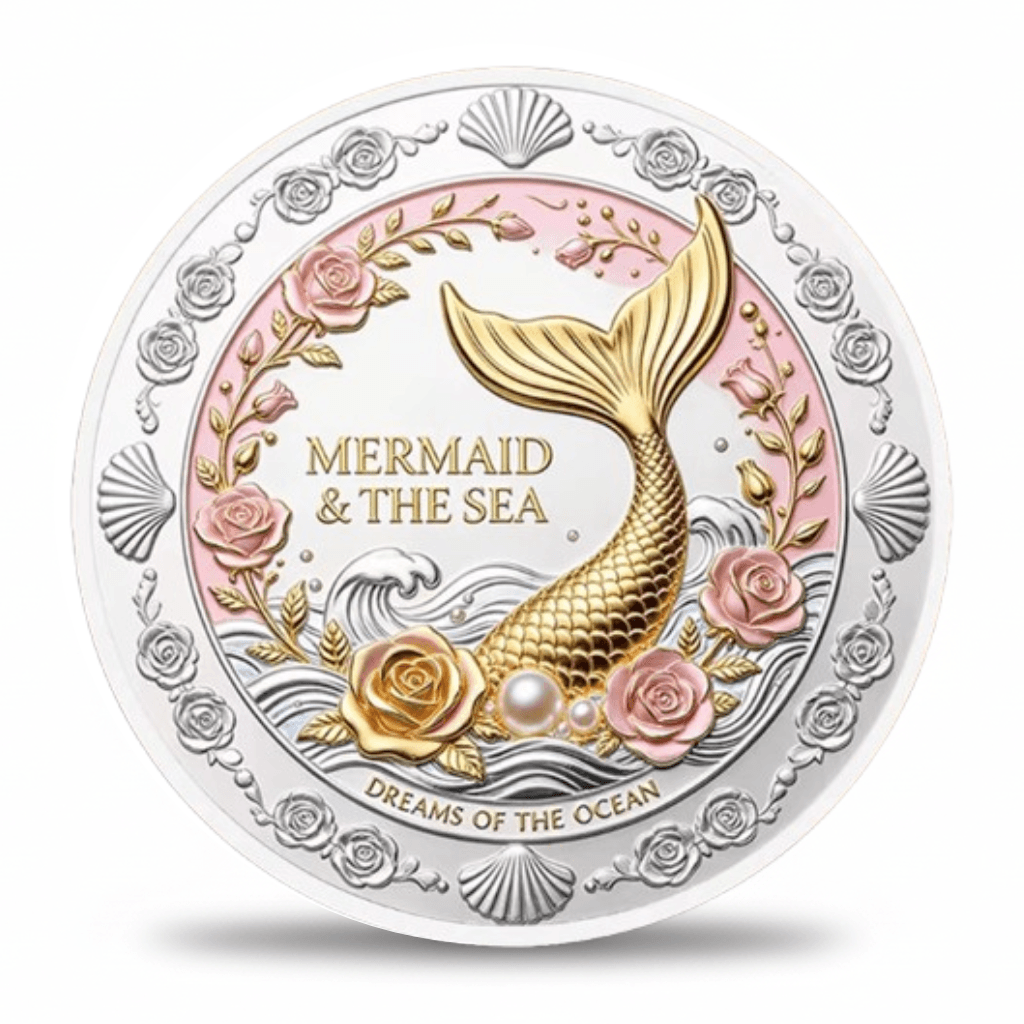 Mermaid of the Deep collectible coin Style A reverse Dreams of the Ocean gold mermaid tail with pink roses and pearl accents collectible coin token
