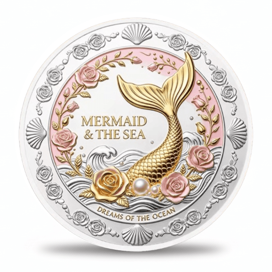 Mermaid of the Deep collectible coin Style A reverse Dreams of the Ocean gold mermaid tail with pink roses and pearl accents collectible coin token
