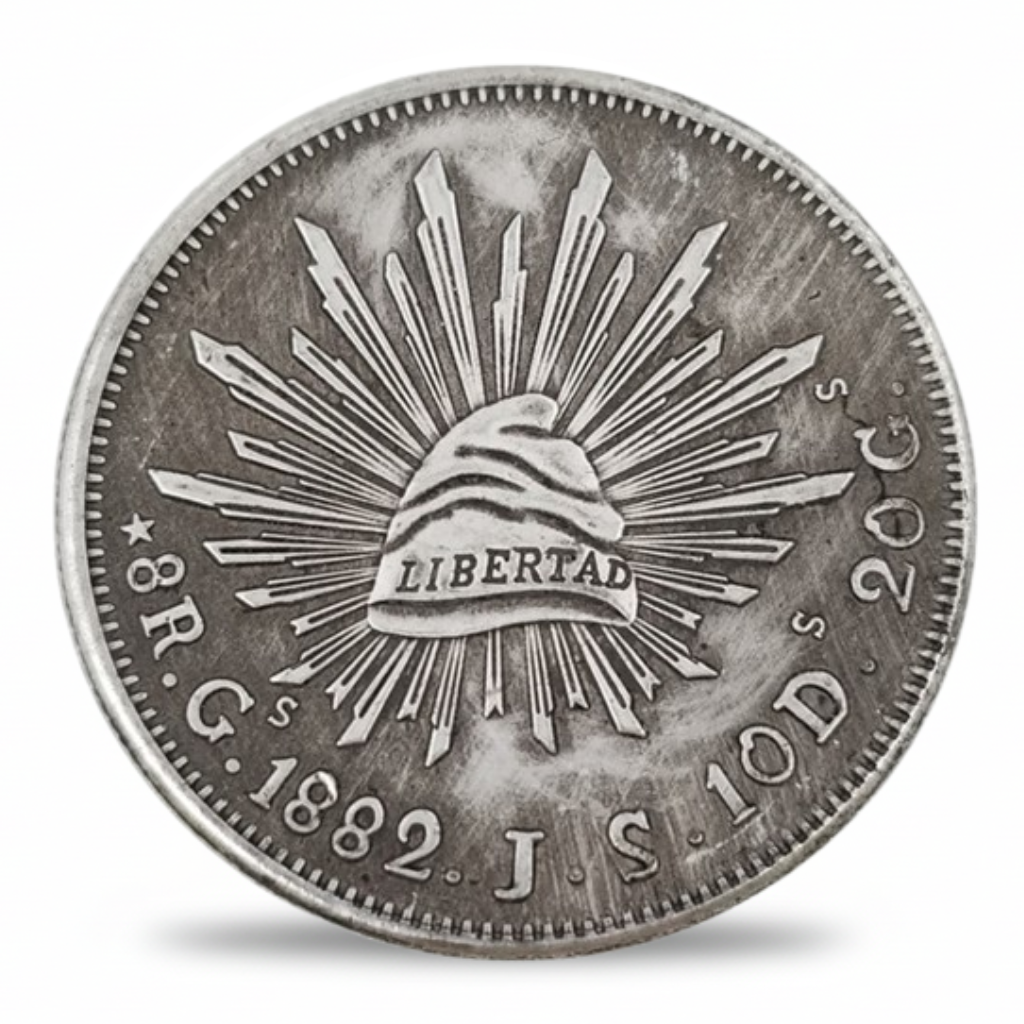 Mexican 8 Reales 1882 Libertad cap sunburst obverse commemorative collectible coin available at One More Coin store
