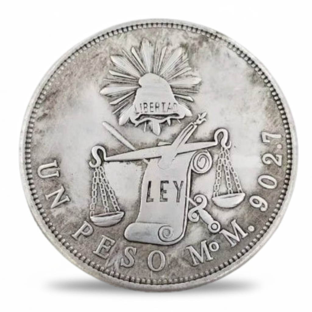 Mexico 1872 Un Peso republic eagle collectible coin obverse antique silver finish commemorative collectible available at One More Coin store
