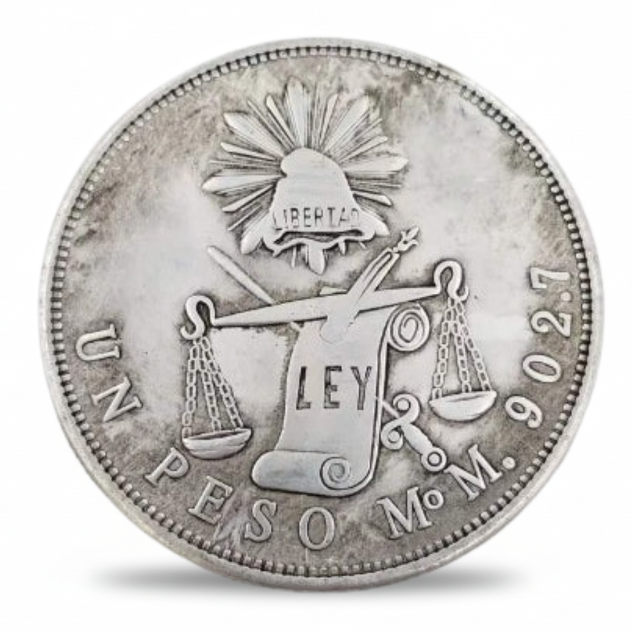 Mexico 1872 Un Peso republic eagle collectible coin obverse antique silver finish commemorative collectible available at One More Coin store

