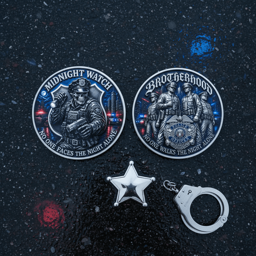 Two circular police-themed coins with a silver star-shaped keychain and handcuffs, displayed on a dark textured background. One medallion features a firefighter under the text 'MIDNIGHT WATCH' and the other features officers under the text 'BROTHERHOOD'.