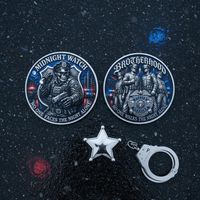 Two circular police-themed coins with a silver star-shaped keychain and handcuffs, displayed on a dark textured background. One medallion features a firefighter under the text 'MIDNIGHT WATCH' and the other features officers under the text 'BROTHERHOOD'.