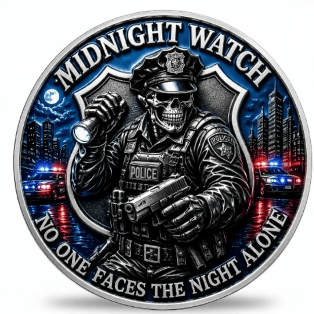 A circular commemorative coin featuring a skull-shaped police officer in tactical gear with a flashlight and rifle, surrounded by the text 'MIDNIGHT WATCH' and 'NO ONE FACES THE NIGHT ALONE.' The background shows a blue-toned city skyline with police cars and red/blue light reflections. Available at one more coin store