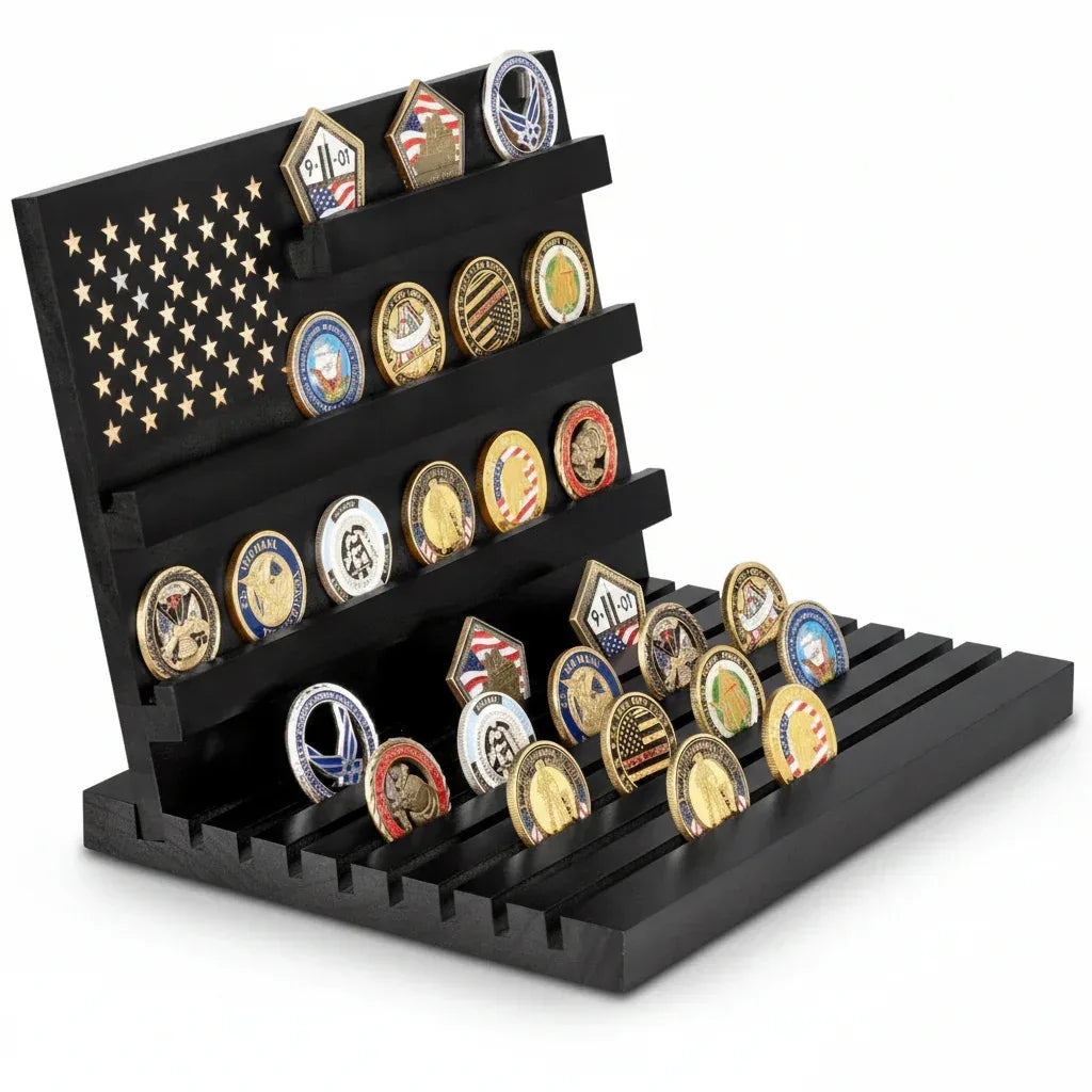 Military challenge coin display stand with USA flag stars holding 80 coins available at One More Coin store
