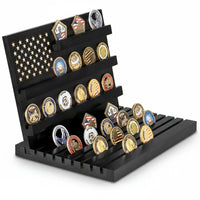 Military challenge coin display stand with USA flag stars holding 80 coins available at One More Coin store
