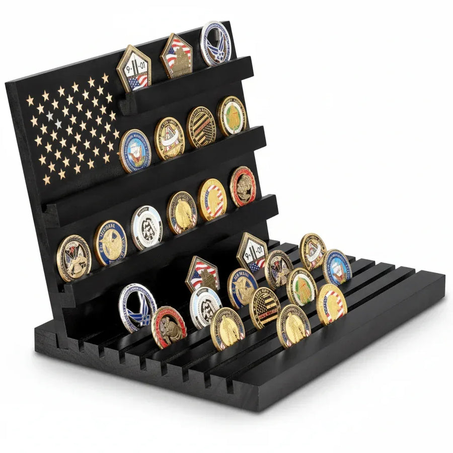 Military challenge coin display stand with USA flag stars holding 80 coins available at One More Coin store
