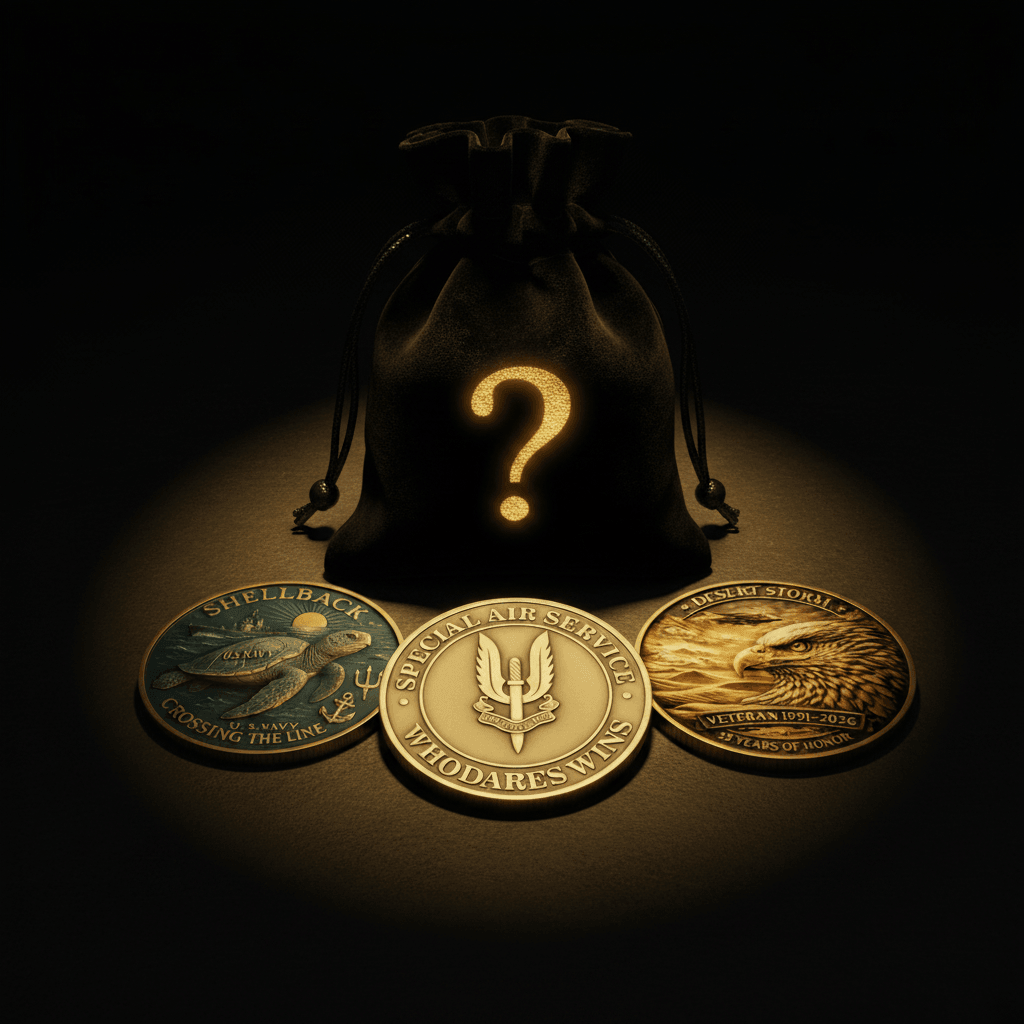 Three military commemorative coins displayed in front of a black drawstring pouch with a glowing gold question mark, set against a dark background with dramatic spotlighting.