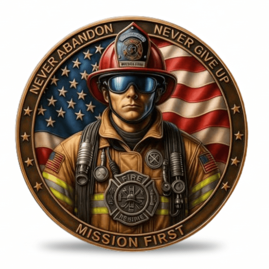 Mission First firefighter challenge coin full colour portrait turnout gear American flag Maltese cross never abandon never give up gift for firefighters available at One More Coin store

