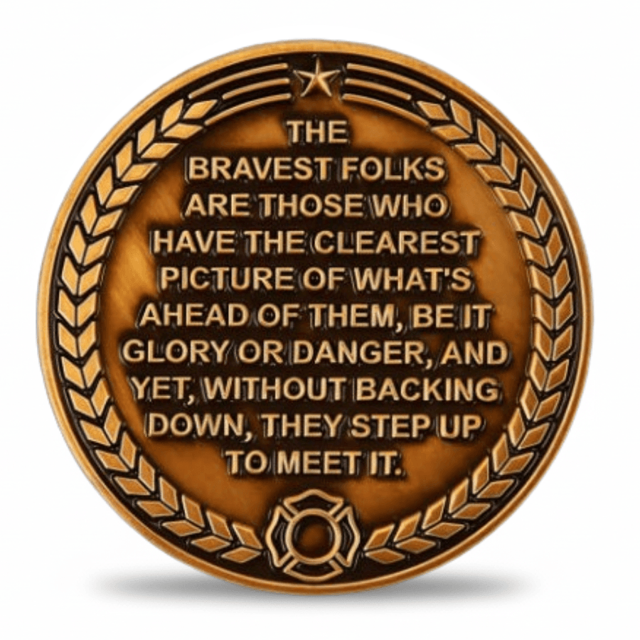 Mission First firefighter challenge coin reverse the bravest folks quote antique bronze laurel wreath Maltese cross fire service collectible token
