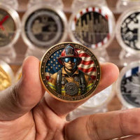 Mission First firefighter challenge coin held in hand showing 40mm size antique bronze full colour fire service collectible token
