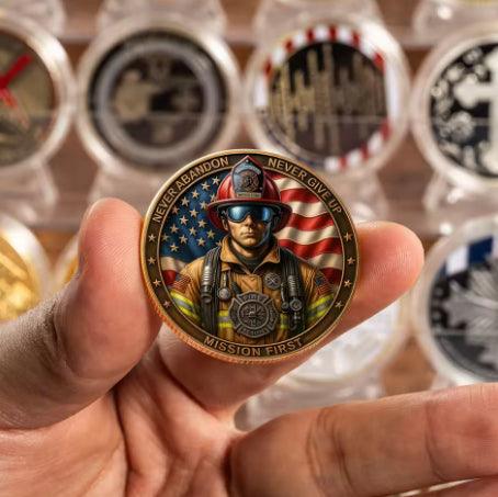 Mission First firefighter challenge coin held in hand showing 40mm size antique bronze full colour fire service collectible token
