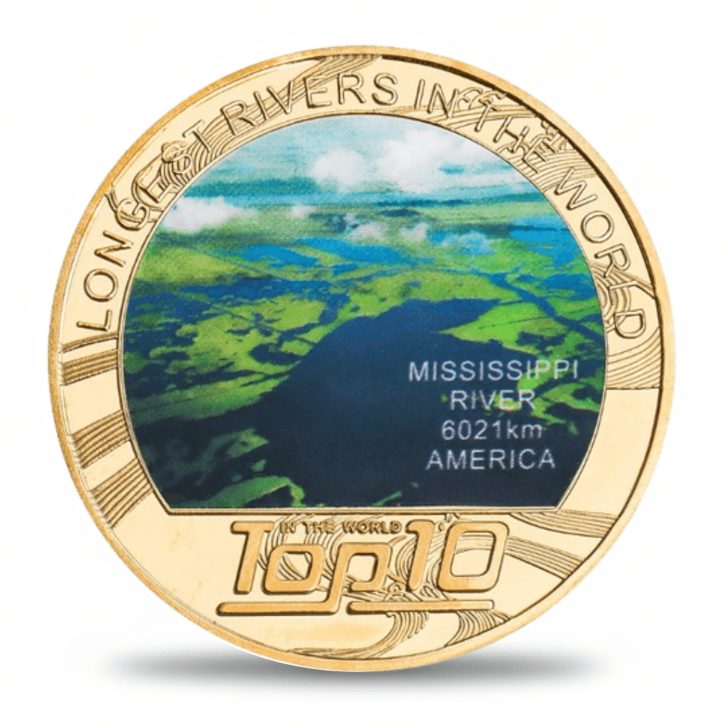 Mississippi River longest rivers world collectible coin full-colour aerial photograph gold-tone token

