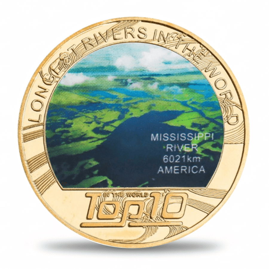 Mississippi River longest rivers world collectible coin full-colour aerial photograph gold-tone token
