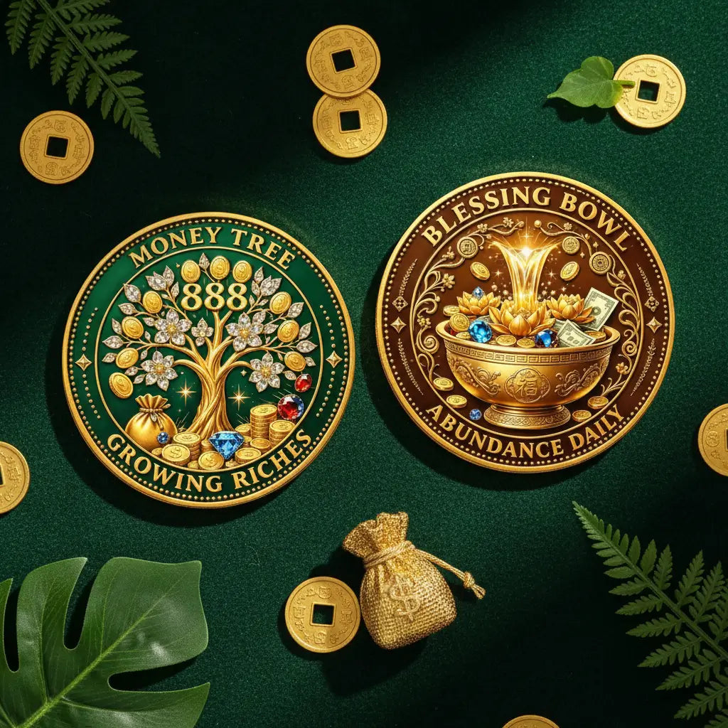 Money Tree 888 Blessing Bowl coin both sides overhead flat lay dark green velvet scattered gold coins money bag green leaves abundance prosperity collectible