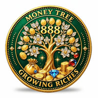 Money Tree 888 Blessing Bowl coin front face gold money tree crystal diamond blossoms 888 numerals gold coins gemstones blue diamond money bag green enamel abundance collectible available at One More Coin store