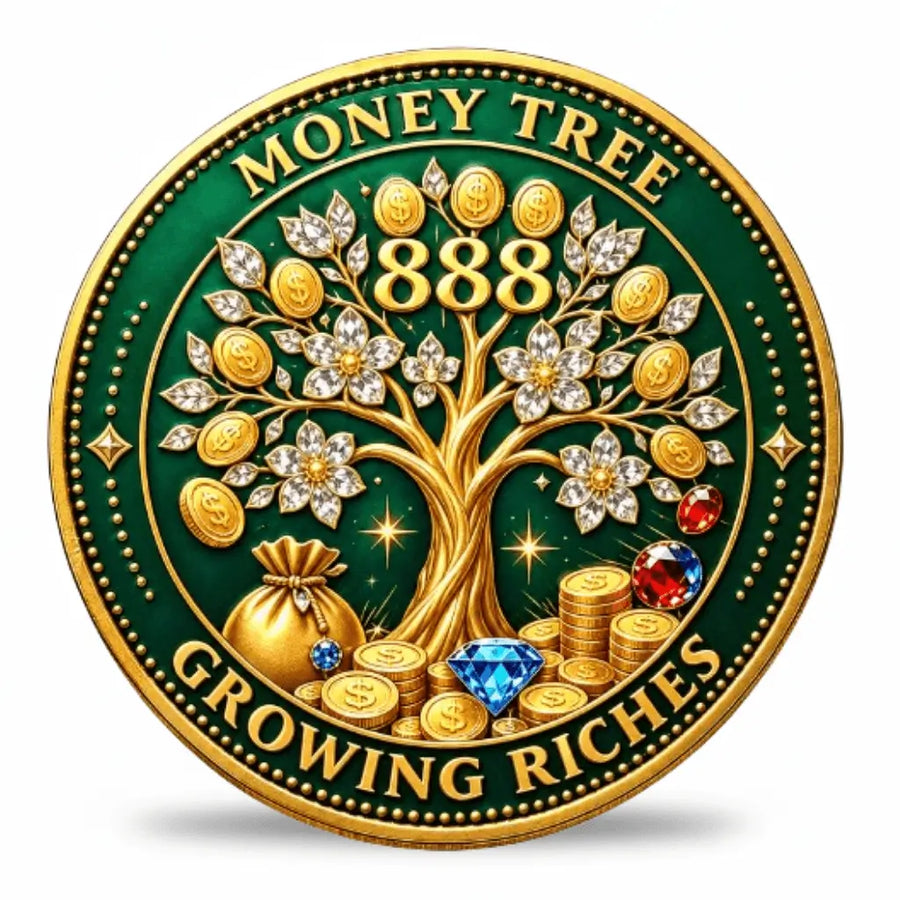Money Tree 888 Blessing Bowl coin front face gold money tree crystal diamond blossoms 888 numerals gold coins gemstones blue diamond money bag green enamel abundance collectible available at One More Coin store