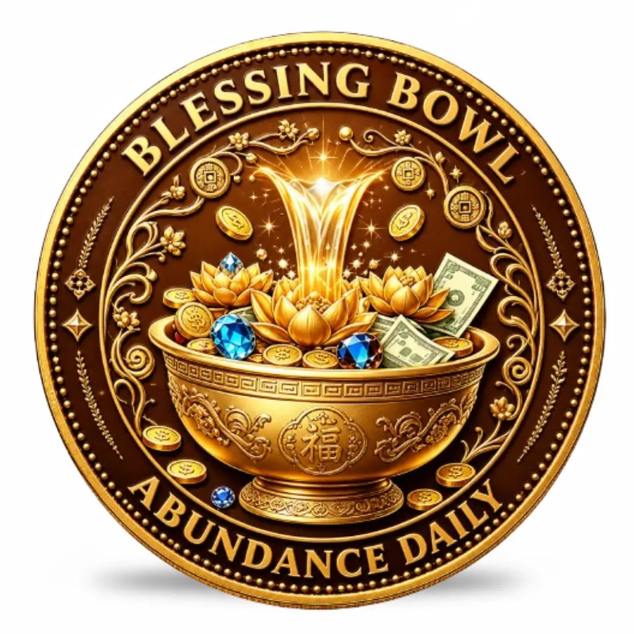 Money Tree 888 Blessing Bowl coin reverse ornate gold Chinese blessing bowl Fu fortune character lotus flowers gold coins sapphire gemstones banknotes golden light fountain abundance daily collectible token
