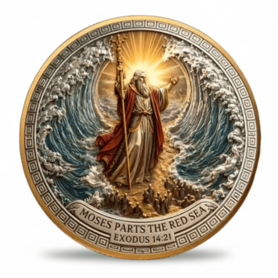 Moses Parts the Red Sea Exodus 14:21 biblical collectible coin antique gold enamel available at One More Coin store
