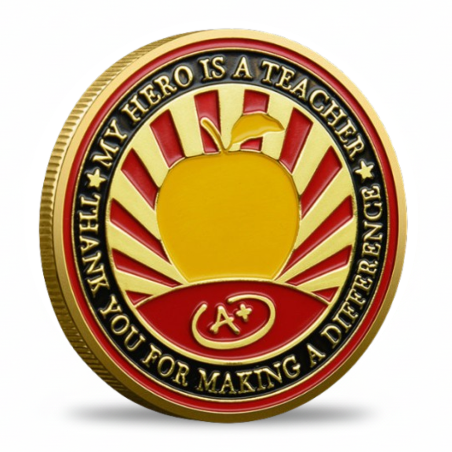 My Hero Is A Teacher gold enamel coin golden apple sunburst A plus red enamel thank you for making a difference teacher appreciation gift available at One More Coin store
