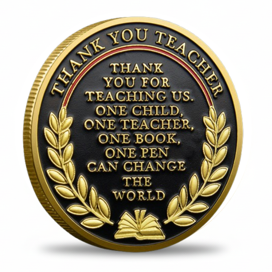 My Hero Is A Teacher coin reverse one child one teacher one book one pen can change the world gold laurel wreaths black enamel thank you teacher gift collectible token
