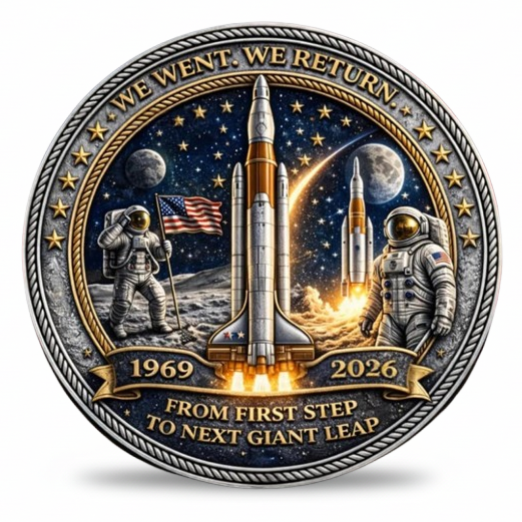 NASA Artemis Program commemorative coin Apollo astronaut US flag SLS rocket launch 1969 2026 From First Step To Next Giant Leap collectible available at One More Coin store
