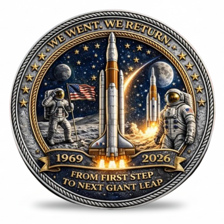 NASA Artemis Program commemorative coin Apollo astronaut US flag SLS rocket launch 1969 2026 From First Step To Next Giant Leap collectible available at One More Coin store
