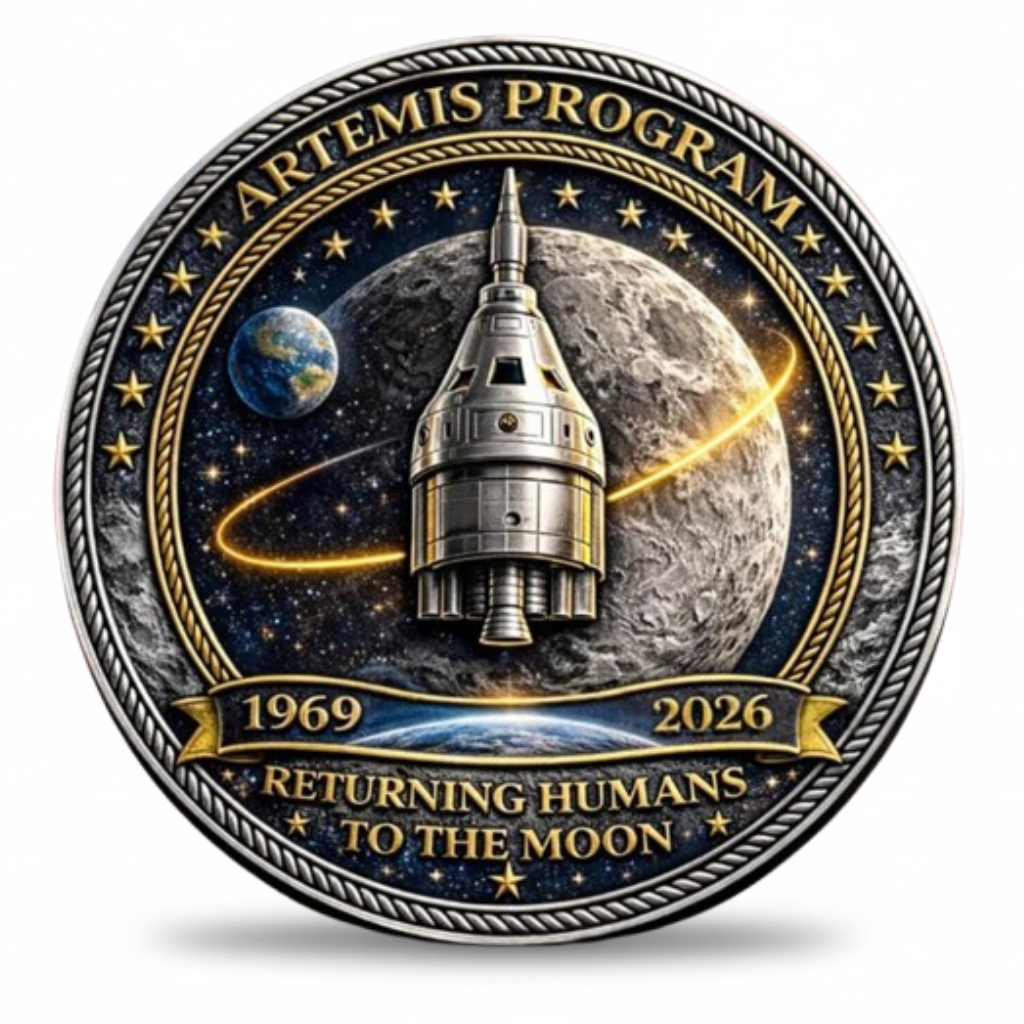 NASA Artemis Program Orion spacecraft lunar orbit Moon Earth background 1969 2026 Returning Humans To The Moon commemorative collectible coin token historical collectible coin token
