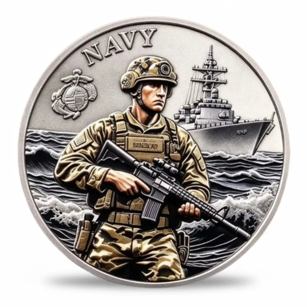 Military tribute coin showing a helmeted service member in camouflage holding a rifle, with a warship on rolling waves behind him, an emblem to the left and “NAVY” across the top, available at One More Coin store
