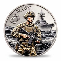 Military tribute coin showing a helmeted service member in camouflage holding a rifle, with a warship on rolling waves behind him, an emblem to the left and “NAVY” across the top, available at One More Coin store