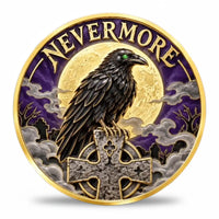 A circular collectible coin featuring a raven perched on a cross in front of a full moon, with the word 'NEVERMORE' arched across the top. The design includes purple clouds, a graveyard scene, and gold-toned metal borders and lettering.