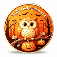 Night Owl Halloween collectible coin front face cute owl pumpkins bats spooky trees orange enamel gold rim seasonal Halloween collectible available at One More Coin store
