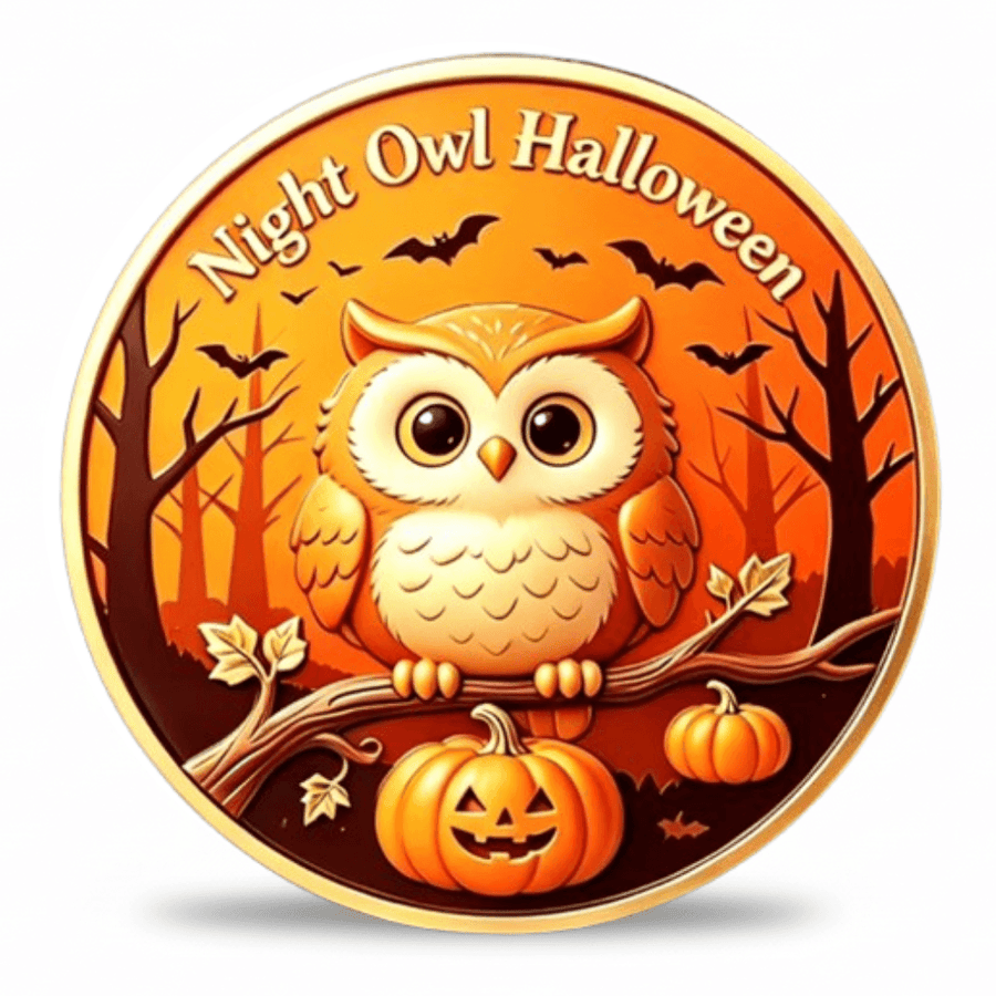 Night Owl Halloween collectible coin front face cute owl pumpkins bats spooky trees orange enamel gold rim seasonal Halloween collectible available at One More Coin store
