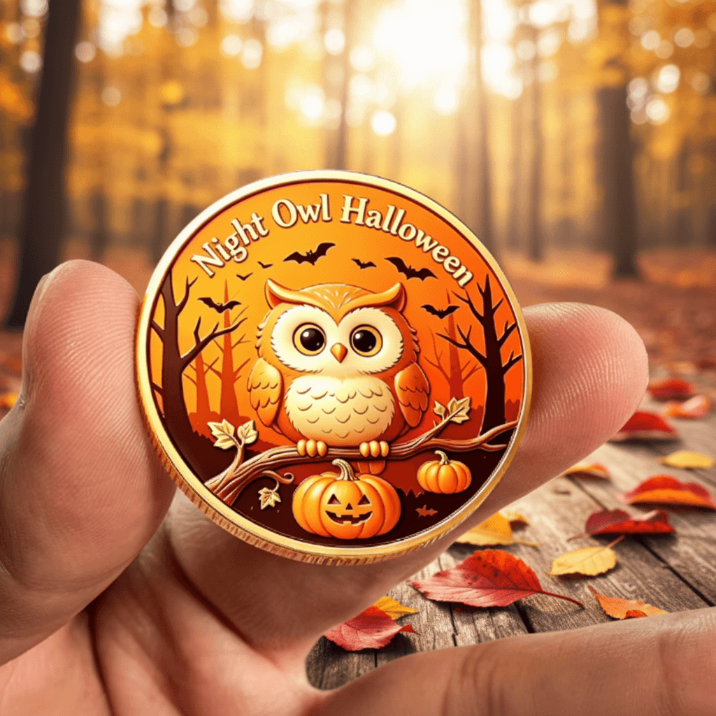 A hand holds a round gold-toned commemorative coin featuring an owl perched on a pumpkin branch with the text 'Night Owl Halloween' against an orange autumn forest background. The scene is set outdoors on a wooden surface with scattered leaves, with a blurred forest backdrop.