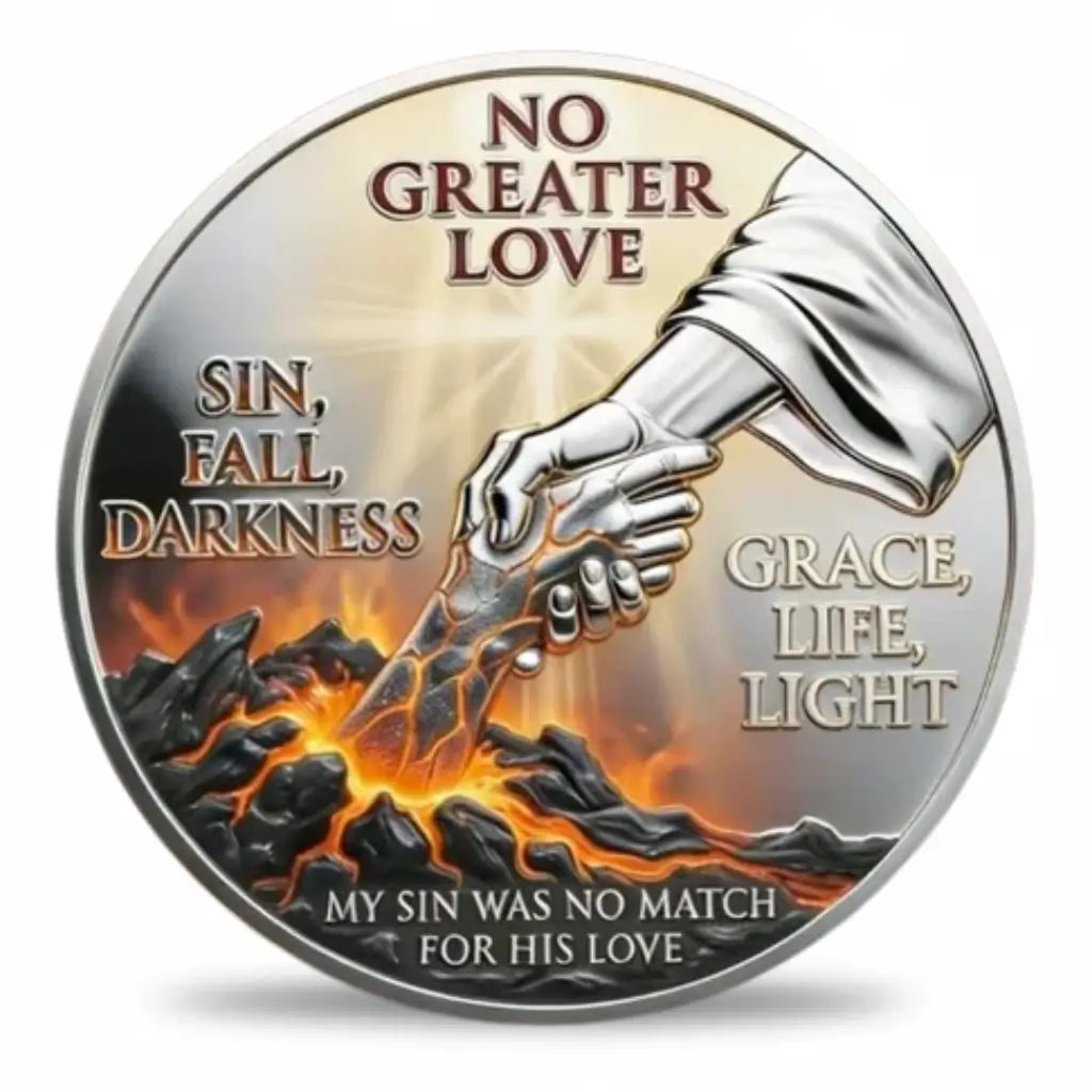 Silver-tone Christian coin showing a robed arm grasping a hand rising from fiery, rocky ground beneath “NO GREATER LOVE.” The design contrasts “SIN, FALL, DARKNESS” with “GRACE, LIFE, LIGHT” and reads “MY SIN WAS NO MATCH FOR HIS LOVE” along the bottom, available at One More Coin store