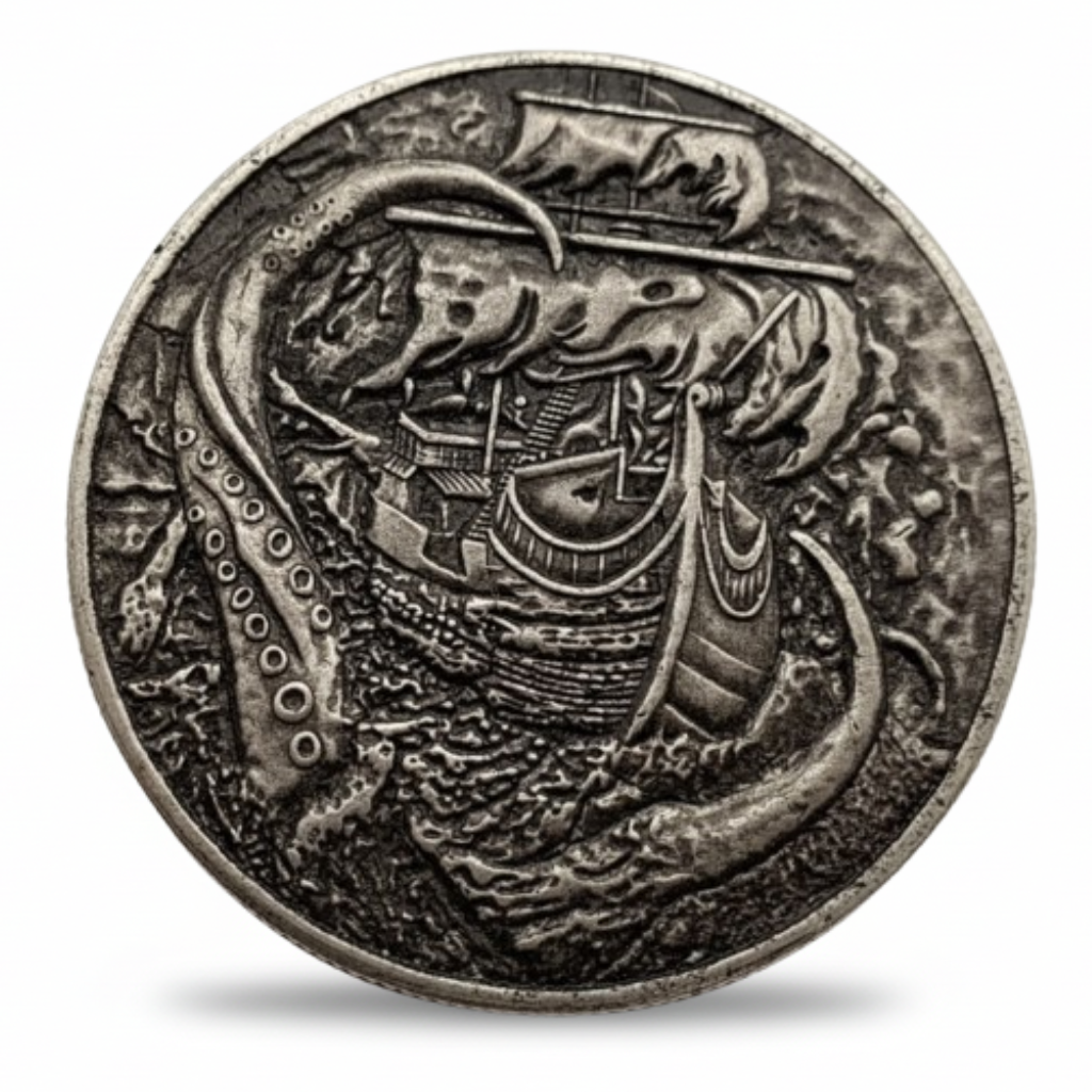 No Prey No Pay kraken commemorative collectible coin sea monster attacking ship pirate gift available at One More Coin store
