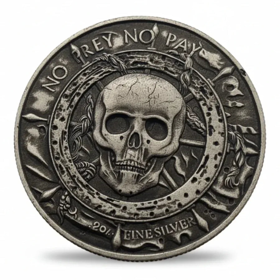 No Prey No Pay skull reverse pirate collectible coin antique silver crossed bones laurel wreath nautical collectible token
