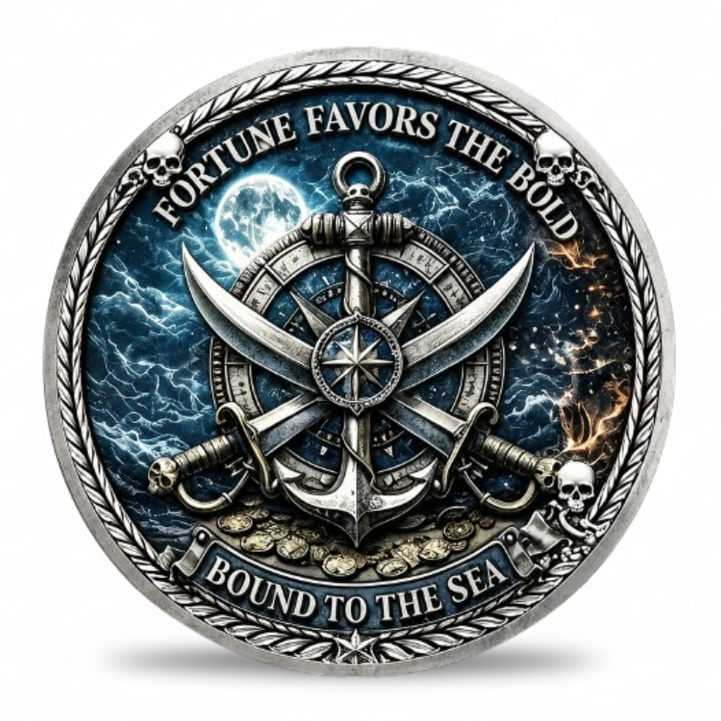 A round silver-toned pirate-style coin featuring an anchor, crossed swords, compass rose, skull motifs, and dramatic blue storm clouds with a moon. The text reads “FORTUNE FAVORS THE BOLD” at the top and “BOUND TO THE SEA” at the bottom.