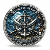 A round silver-toned pirate-style coin featuring an anchor, crossed swords, compass rose, skull motifs, and dramatic blue storm clouds with a moon. The text reads “FORTUNE FAVORS THE BOLD” at the top and “BOUND TO THE SEA” at the bottom.