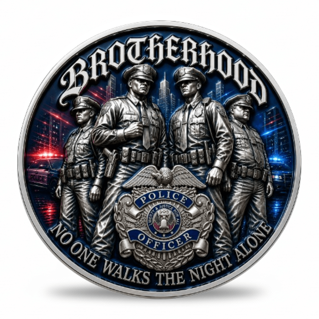 A circular commemorative coin featuring four police officers standing together, with a large police badge at the center and the words “BROTHERHOOD” and “NO ONE WALKS THE NIGHT ALONE” around the edge. The design has a metallic silver-gray finish with blue and red glowing background details, shown on a plain white background.