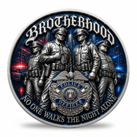 A circular commemorative coin featuring four police officers standing together, with a large police badge at the center and the words “BROTHERHOOD” and “NO ONE WALKS THE NIGHT ALONE” around the edge. The design has a metallic silver-gray finish with blue and red glowing background details, shown on a plain white background.