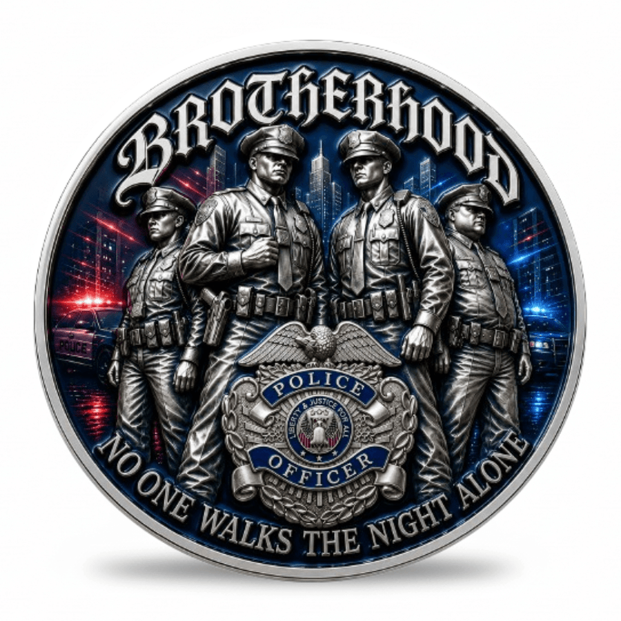 A circular commemorative coin featuring four police officers standing together, with a large police badge at the center and the words “BROTHERHOOD” and “NO ONE WALKS THE NIGHT ALONE” around the edge. The design has a metallic silver-gray finish with blue and red glowing background details, shown on a plain white background.