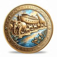 Noah's Ark collectible coin token animals boarding ark elephants giraffes horses vivid colour enamel gold rim available at One More Coin store

