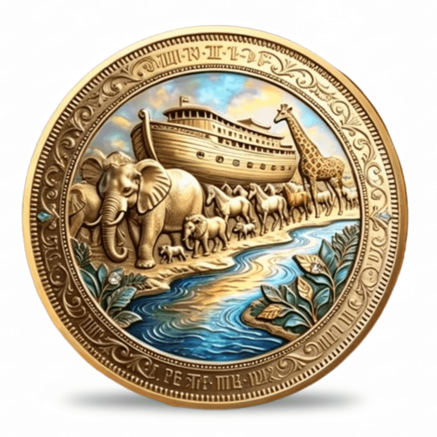 Noah's Ark collectible coin token animals boarding ark elephants giraffes horses vivid colour enamel gold rim available at One More Coin store
